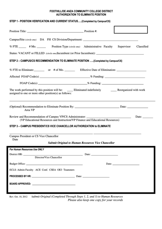 Fillable Authorization To Eliminate Position Form - Foothill/de Anza Community College District Printable pdf