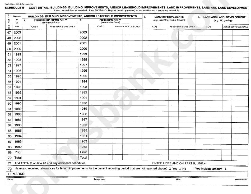 Form Boe-571-L - Schedule B - Cost Detail: Buildings, Building Improvements, And/or Leasehold Improvements, Land Improvements, Land And Land Development