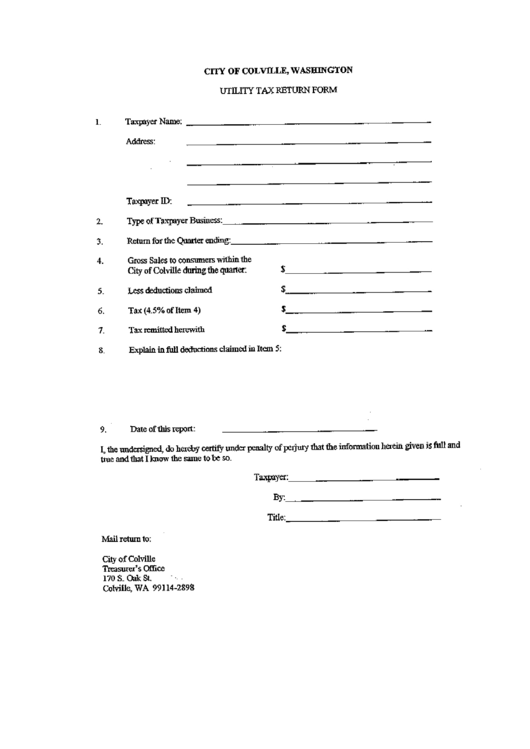 Utility Tax Return Form - City Of Colville, Washington Printable pdf