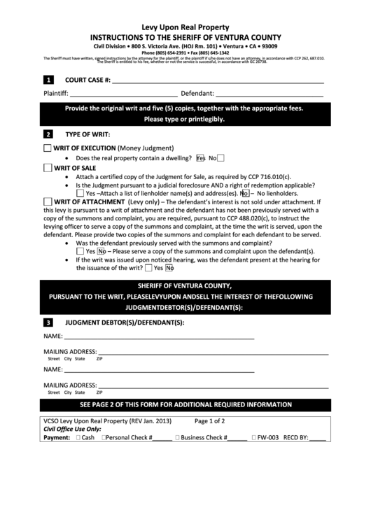 Fillable Levy Upon Real Property Form - Sheriff Of Ventura County Printable pdf
