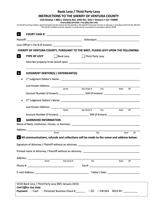 Bank Or Third Party Levy Form - Sheriff Of Ventura County
