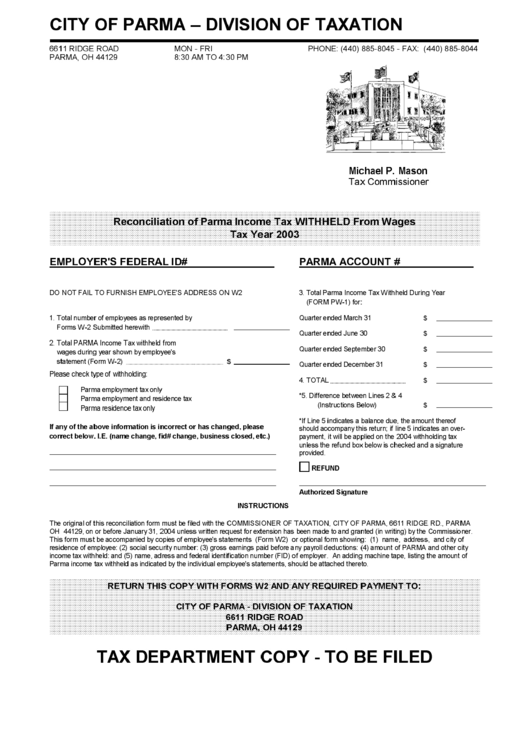 Reconciliation Of Parma Income Tax Withheld From Wages - 2003 - City Of Parma Printable pdf
