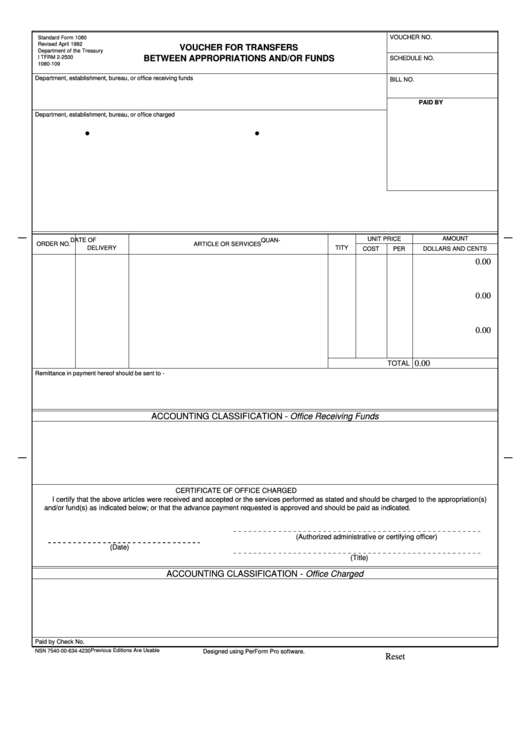 Fillable Standard Form 1080 - Voucher For Transfers Between Appropriations And/or Funds - Department Of The Treasury Printable pdf