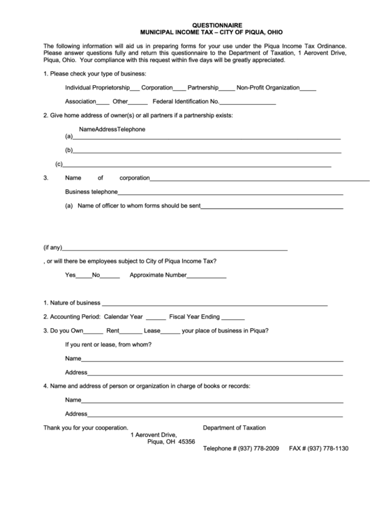 Questionnaire Municipal Income Tax - City Of Piqua, Ohio Printable pdf