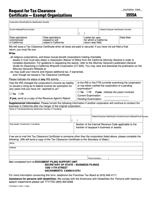 Form 3555a - Request For Tax Clearance Certificate - Exempt Organizations Printable pdf