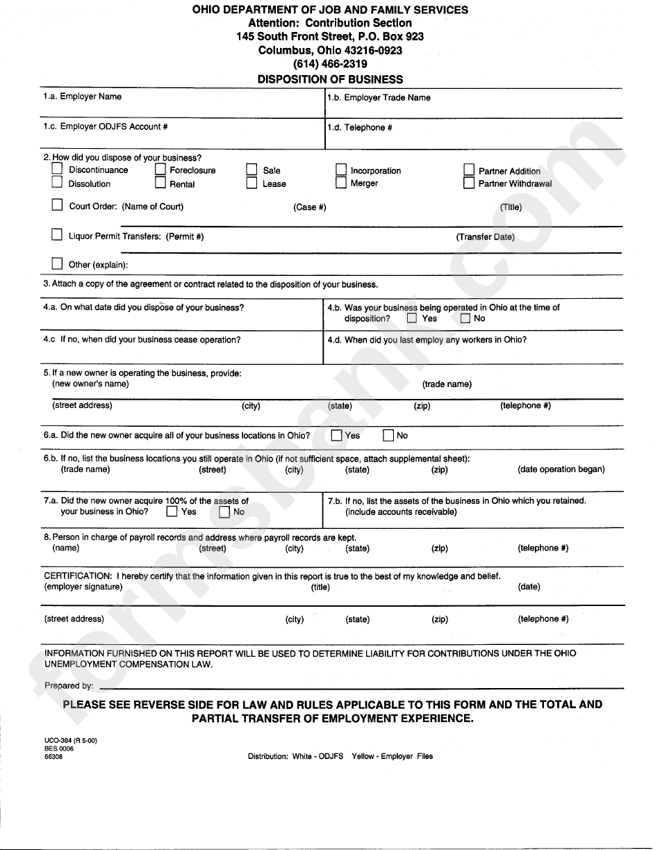 Form Uco-384 - Desposition Of Business