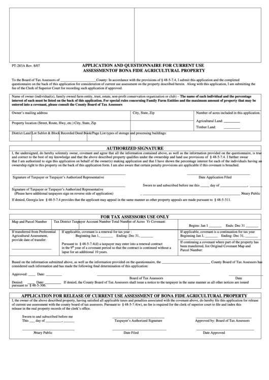 Form Pt-283a - Application And Questionnaire For Current Use Assessment Of Bona Fide Agricultural Property Printable pdf