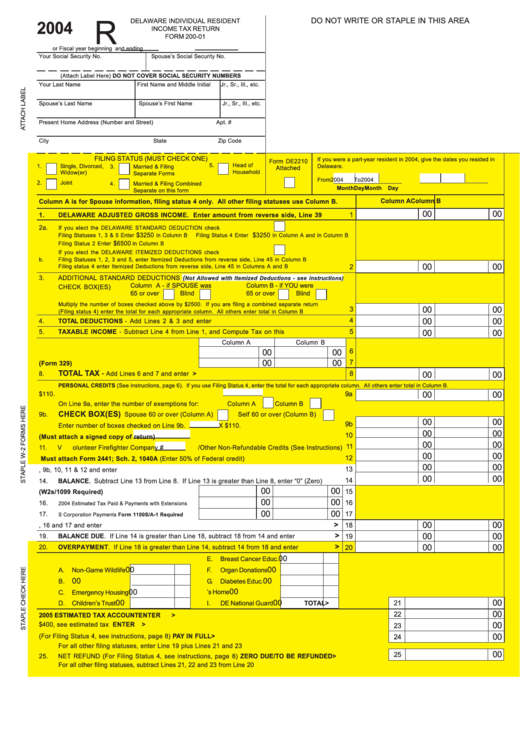 Form 200-01 - Delaware Individual Resident Income Tax Return - 2004 Printable pdf