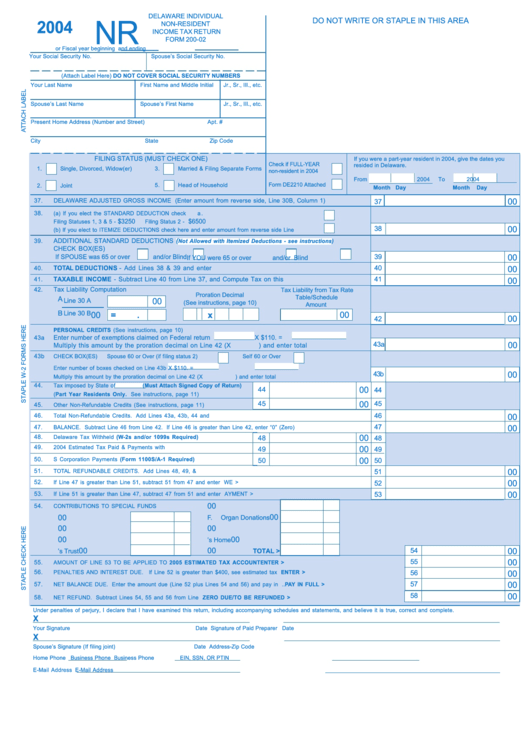 Form 200-02 - Delaware Individual Non-Resident Income Tax Return - 2004 Printable pdf