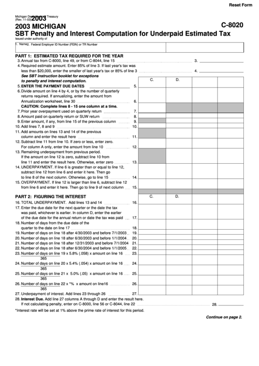 Fillable Form C-8020 - Michigan Sbt Penalty And Interest Computation For Underpaid Estimated Tax - 2003 Printable pdf