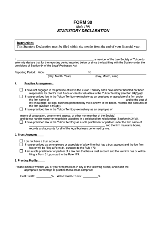 Form 30 - Statutory Declaration - Yukon Territory Printable pdf