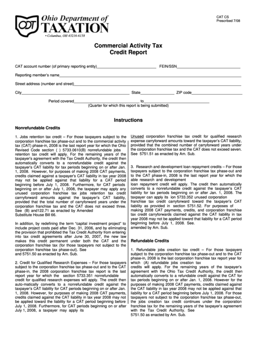 Form Cat Cs - Commercial Activity Tax Credit Report Printable pdf