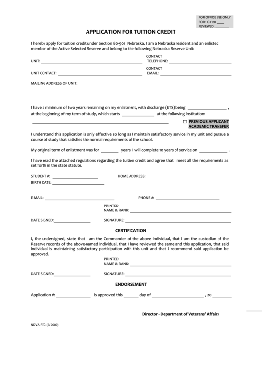 Fillable Application For Tuition Credit Form - Nebraska Printable pdf