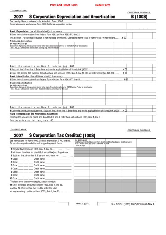 Fillable California Schedule B (100s) - S Corporation Depreciation And Amortization - 2007 Printable pdf