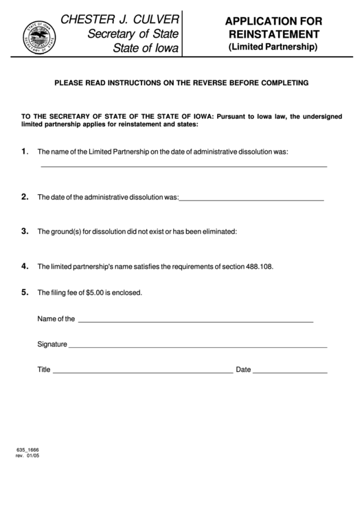 Application For Reinstatement (Limited Partnership) Form Printable pdf