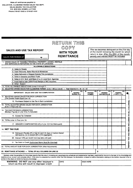 Sales And Use Tax Report - Claiborne Parish Sales Tax Department Printable pdf