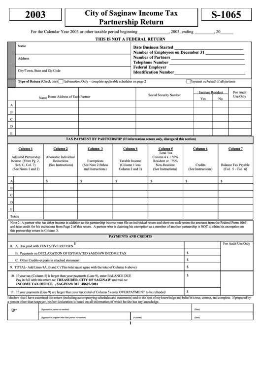 Form S-1065 - City Of Saginaw Income Tax Partnership Return - 2003 Printable pdf