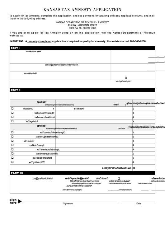 Tax Amnesty Application Form - Kansas Department Of Revenue Printable pdf