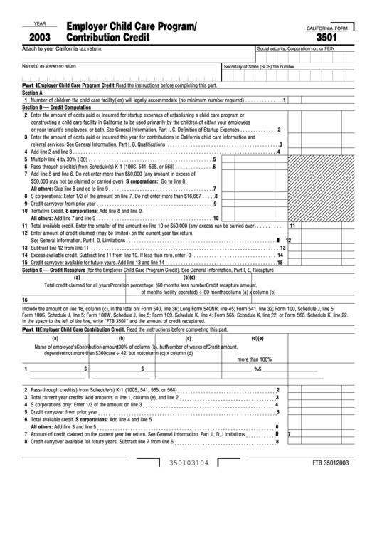 Form 3501 - Employer Child Care Program/ Contribution Credit - 2003 Printable pdf