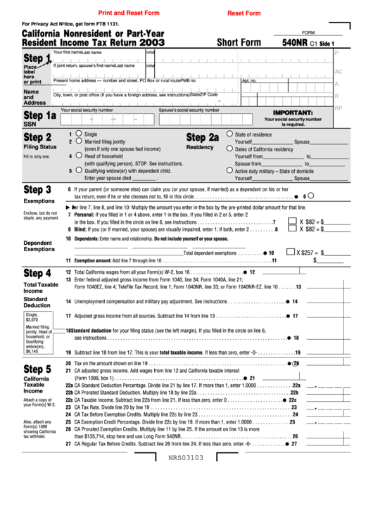 Fillable Short Form 540nr - California Nonresident Or Part-Year Resident Income Tax Return - 2003 Printable pdf