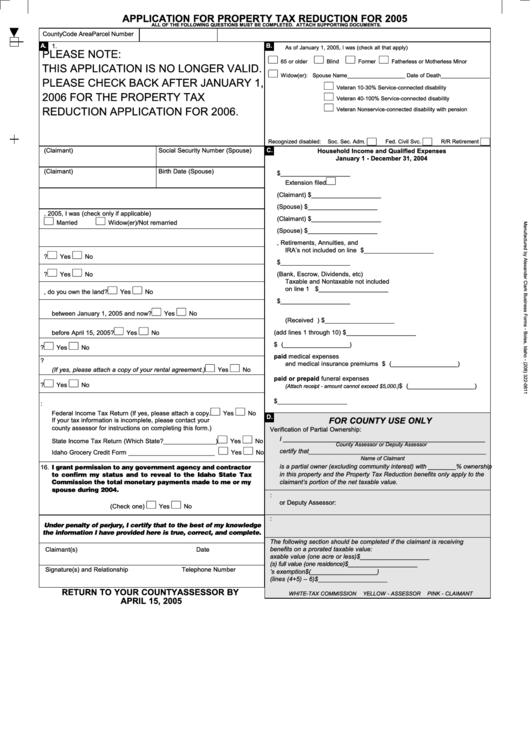 Application For Property Tax Reduction For 2005 - State Of Idaho Printable pdf