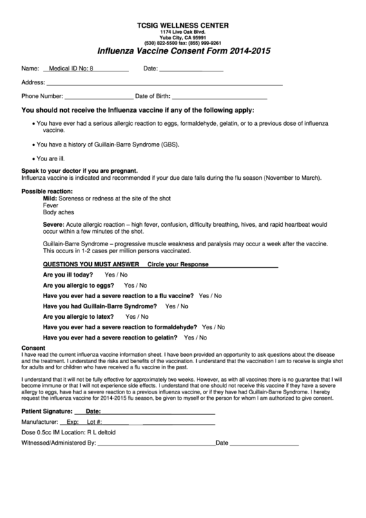 Influenza Vaccine Consent Form 2014-2015 Printable pdf