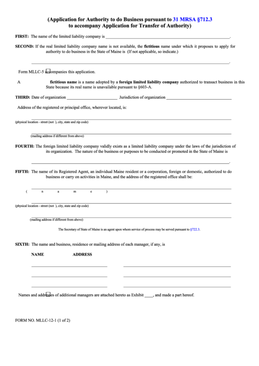 Fillable Form Mllc-12-1 - Application For Authority To Do Business (2003) Printable pdf