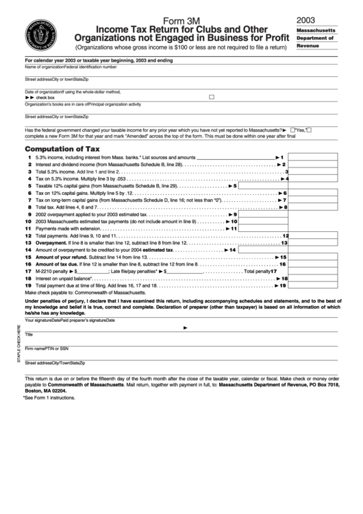 Form 3m - Income Tax Return For Clubs And Other Organizations Not Engaged In Business For Profit - 2003 Printable pdf
