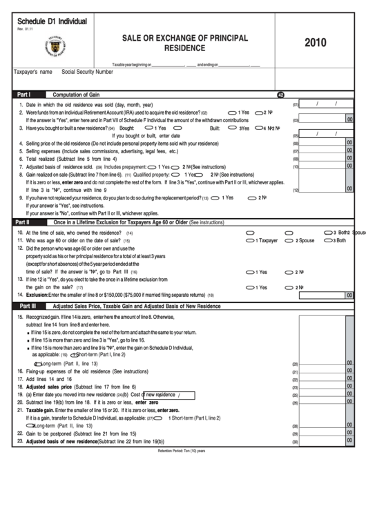 Schedule D1 Individual - Sale Or Exchange Of Principal Residence - 2010 Printable pdf