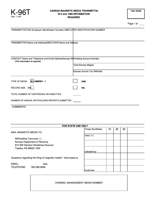 Form K-96t - Kansas Magnetic Media Transmittal Required W-2 And 1099 Information Printable pdf