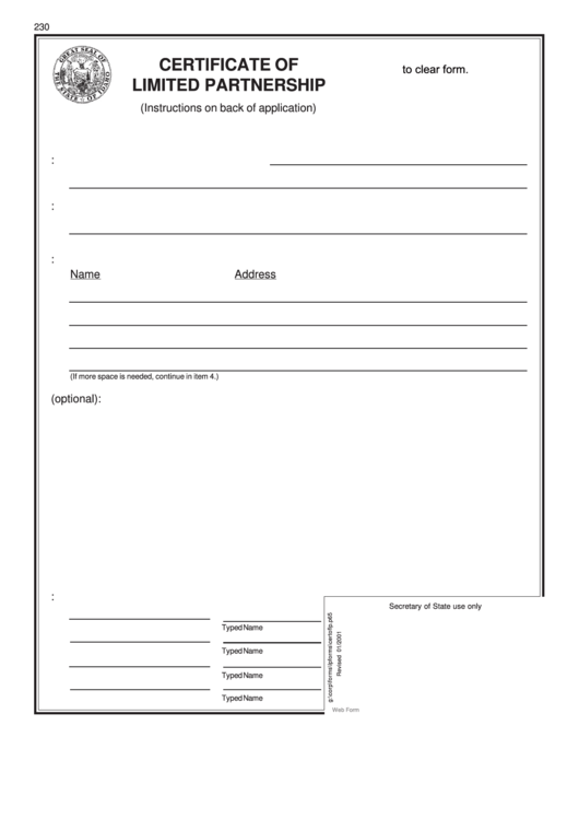 Fillable Form 230 - Certificate Of Limited Partnership printable pdf ...