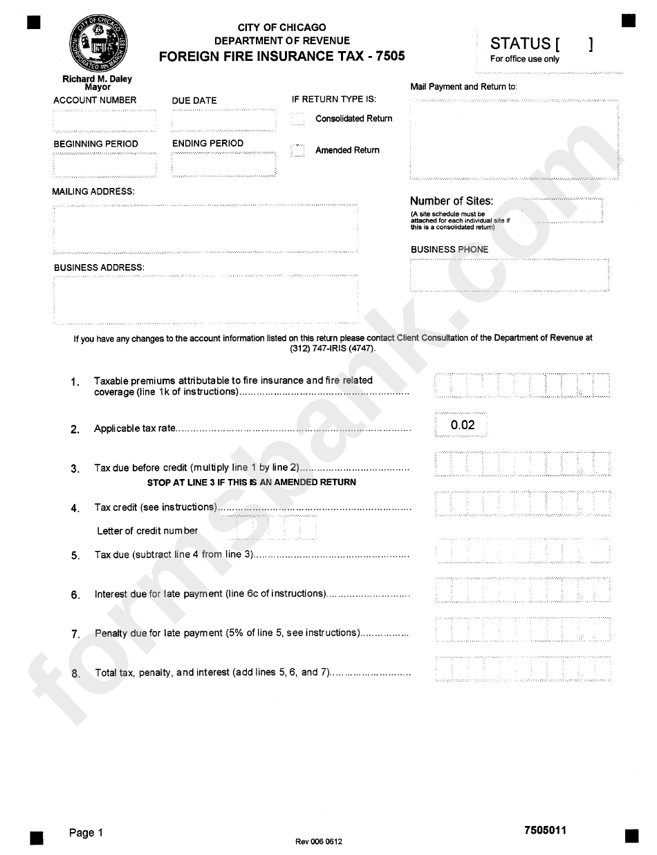 Form 7505 - Foreign Fire Insurance Tax - City Of Chicago