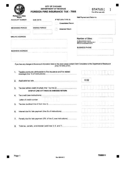 Form 7505 - Foreign Fire Insurance Tax - City Of Chicago Printable pdf