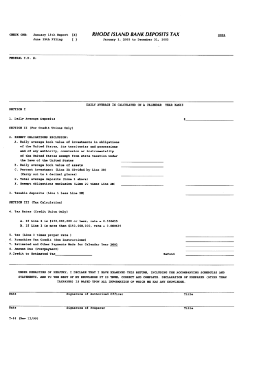 Rhode Island Bank Deposits Tax Form 2004 Printable pdf