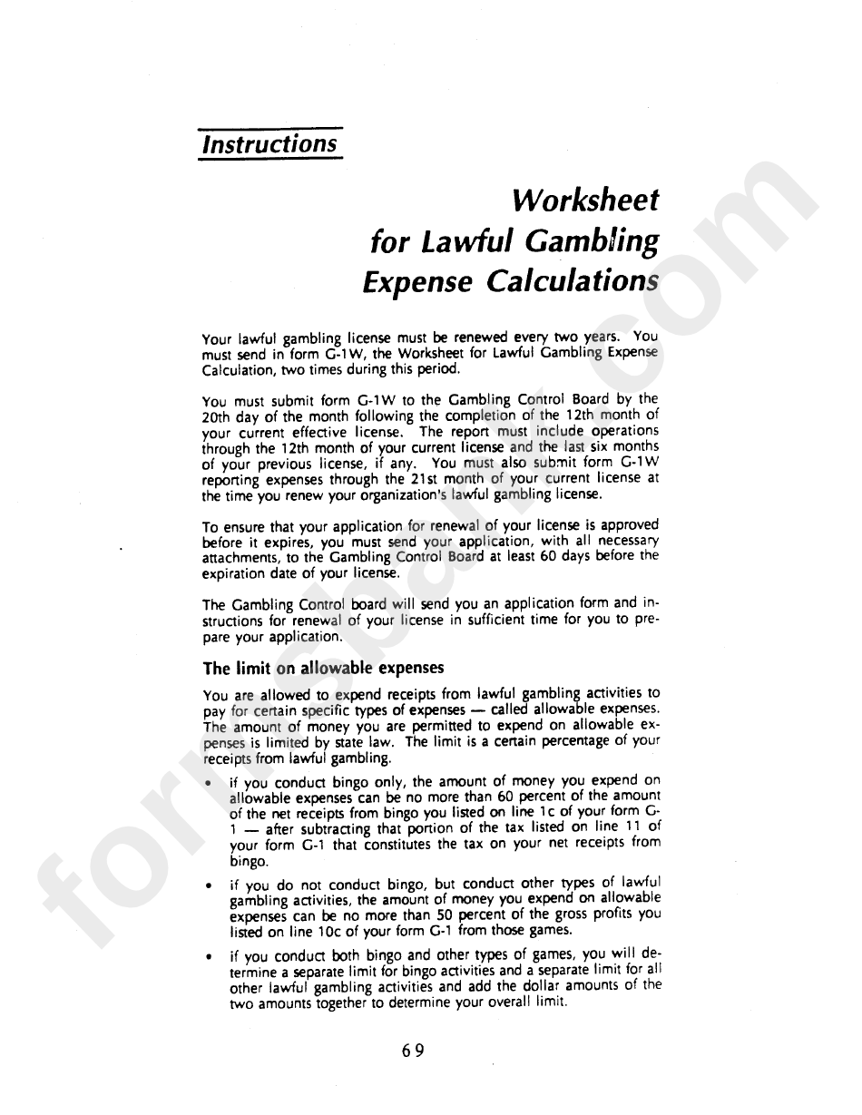 Instructions For Form G-1 W - Worksheet For Lawful Gambling Expense Calculations