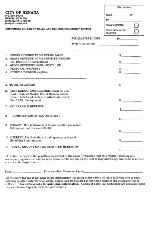 Consumers 3% Tax On Sales And Service Quarterly Report Form - City Of Nenana Printable pdf