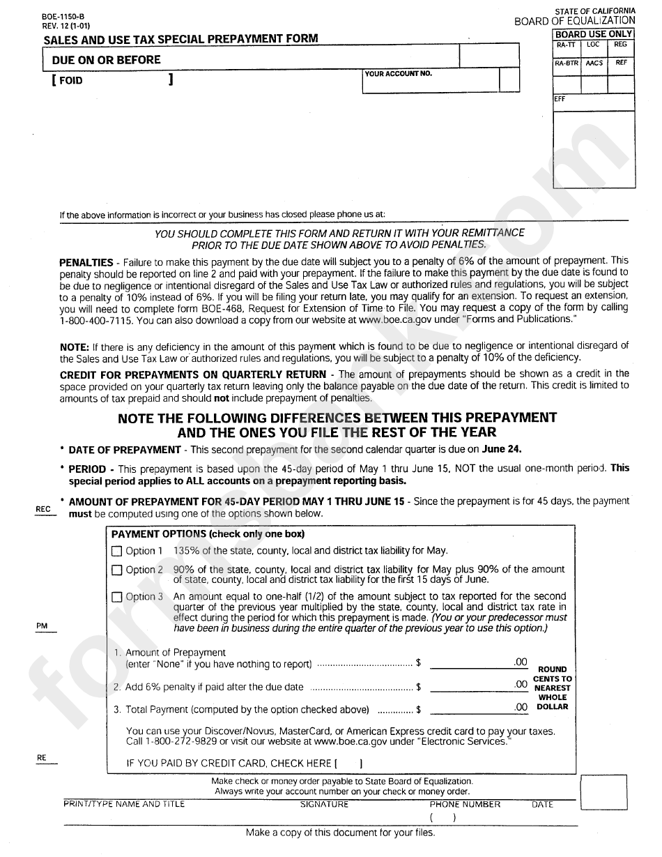Sales And Use Tax Special Prepayment Form - Board Of Equalization - State Of California