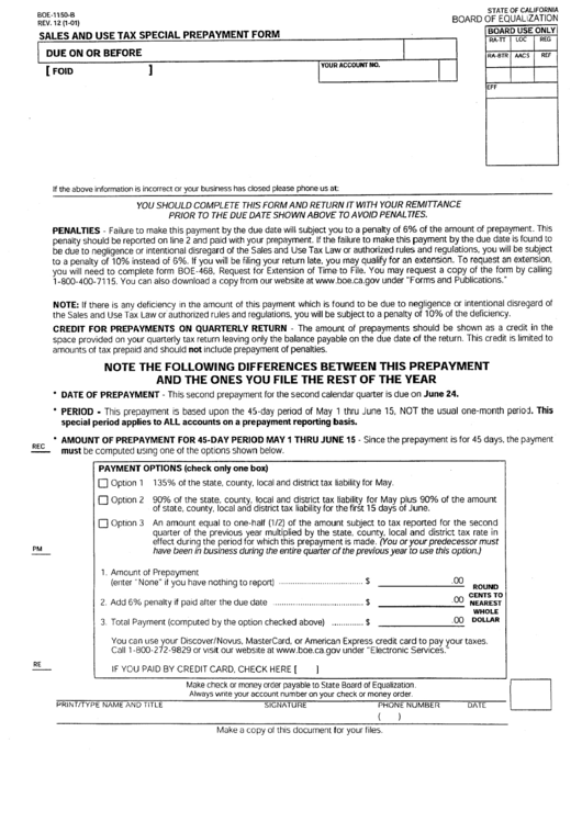 Sales And Use Tax Special Prepayment Form - Board Of Equalization - State Of California Printable pdf