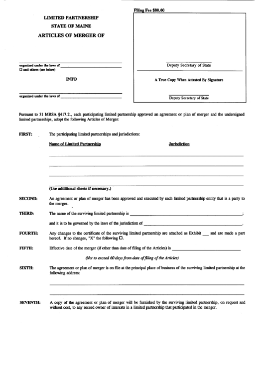 Form Mlpa-10 - 2000 - Articles Of Merger - State Of Maine - Limited Partnership Printable pdf