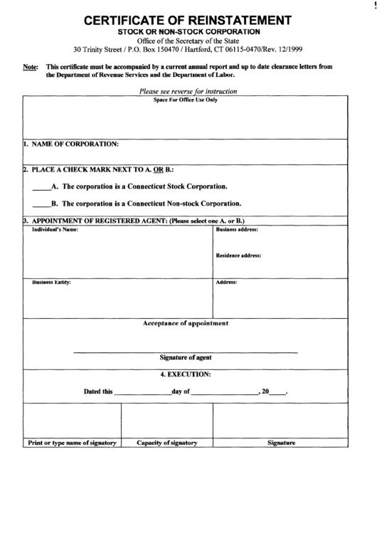 Certificate Of Reinstatement Stock Or Non-Stock Corporation - Office Of The Secretary Of The State Printable pdf