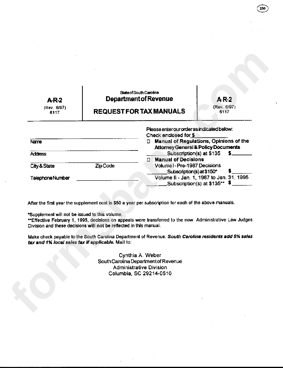 Form A-R-2 - Request For Tax Manuals - Department Of Revenue - State Of South Carolina