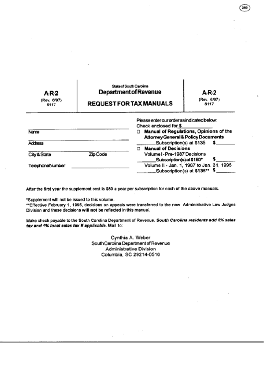 Form A-R-2 - Request For Tax Manuals - Department Of Revenue - State Of South Carolina Printable pdf