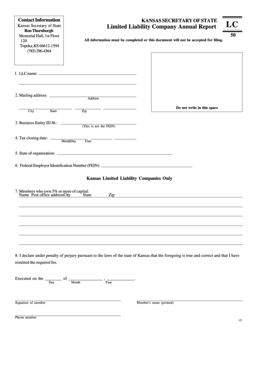 Form Lc 50 - Limited Liability Company Annual Report - Kansas Secretary Of State Printable pdf