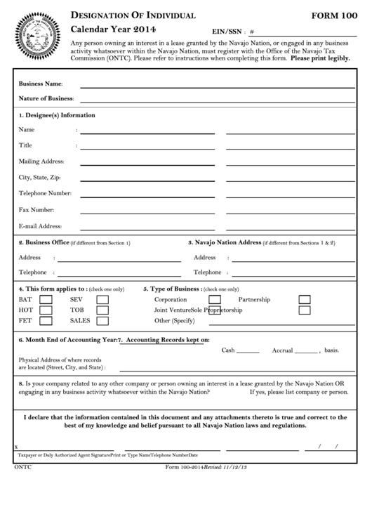 Form 100 - Designation Of Individual 2014 Printable pdf