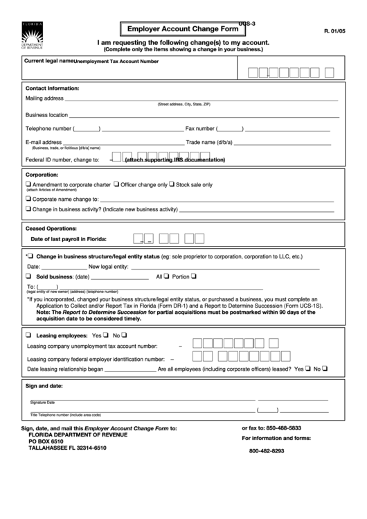 Form Ucs-3 - Employer Account Change Form - Department Of Revenue Printable pdf