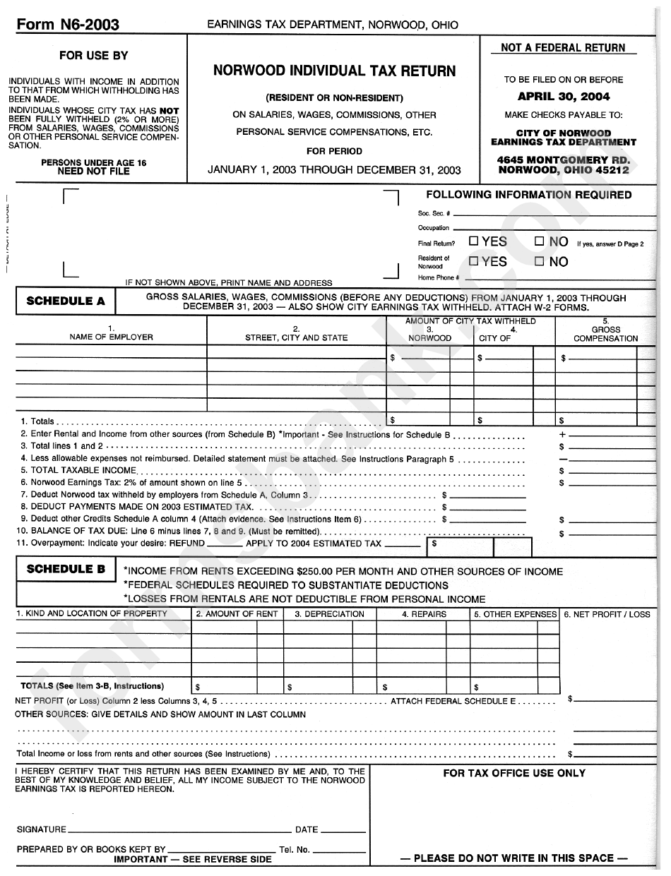 Form 6 Norwood Individual Tax Return Template#