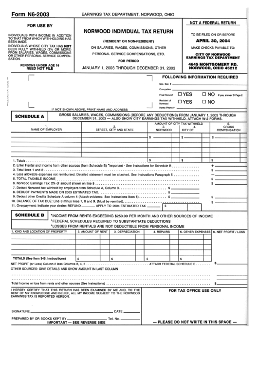 Form 6 Norwood Individual Tax Return Template# Printable pdf