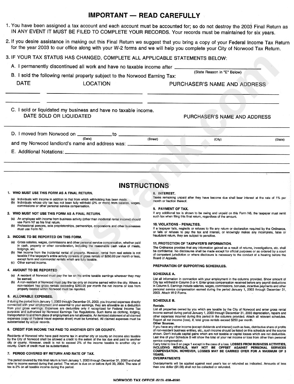 Form 6 Norwood Individual Tax Return Template#