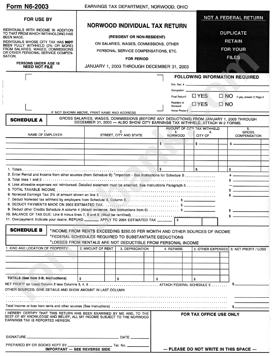 Form 6 Norwood Individual Tax Return Template#