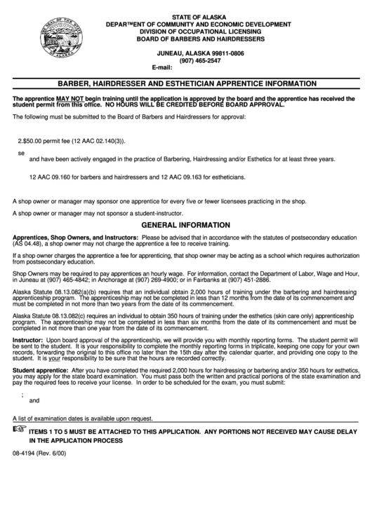 Barber, Hairdresser And Esthetician Apprentice Information Form - Department Of Community And Economic Development - Division Of Occupational Licensing - Board Of Barbers And Hairdressers - State Of Alaska - Printable pdf